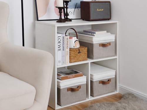 StorageWorks Storage Bins with Lids, Decorative Storage Boxes with Lid and PU Handles, Foldable Storage Baskets for Closet, Shelves, Stackable, Brown and White, 3-Pack - color: Brown and White, size: Large