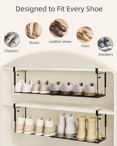 2 Pack Expandable Shoe Rack Organizer for Cabinet, Adjustable Hanging Under Shelf Storage, Sturdy Round Tube Design, Space Saving Shoe Shelf for Closet, Entryway, Laundry Room, Black - color: Black