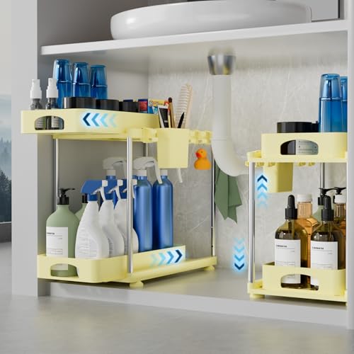 VERIFOST 2 Pack Under Sink Organizers and Storage, Height Adjustable Bathroom Cabinet Organizer, 2 Tier Under Sink Organizer with Hooks, Under Cabinet Organizer for Kitchen Bathroom (Yellow - color: Yellow