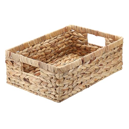 Woven Open Storage Bins Large Wicker Shelf Basket with Built-in Handles Natural Water Hyacinth Storage Baskets for Toiletries Books Fruits Organizing,15 x 10.2 x 5 inches - size: 15"L x 10.2"W x 5"H