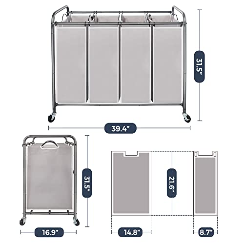 STO STO Laundry Sorter 4 Section, 4 Bag Clothes Hamper, Rolling Laundry Cart Basket with Heavy Duty Lockable Wheels and Removable Bag for Laundry Room, Bedroom, Closet, Gray - color: Gray, size: 4-Section
