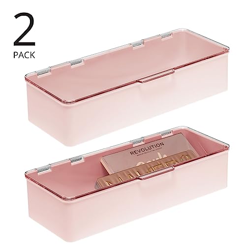 mDesign Long Plastic Cosmetic Storage Organizer Box Containers with Hinged Lid for Bedroom, Bathroom Vanity Shelf or Cabinet, Holds Masks, Palettes, Lotion, or Nail Polish, 2 Pack - Light Pink/Clear