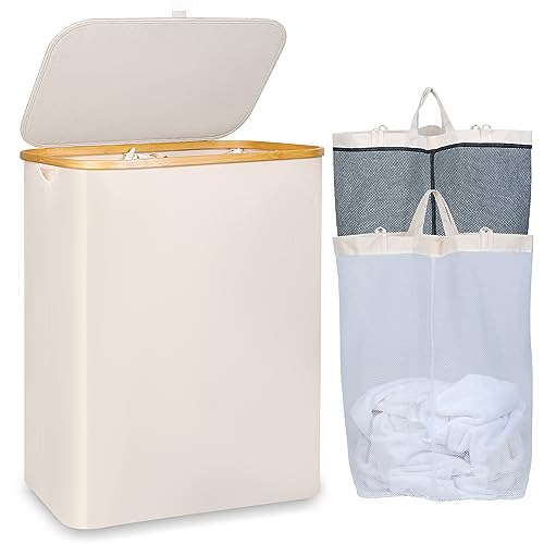 iEGrow 150L Laundry Basket with Lid, Large Laundry Hamper with Bamboo Handle, Collapsible Dirty Clothes Hamper Organizer with 2 Removable Inner Bags for Clothes Toys Towels - Beige - color: Beige, size: 150L