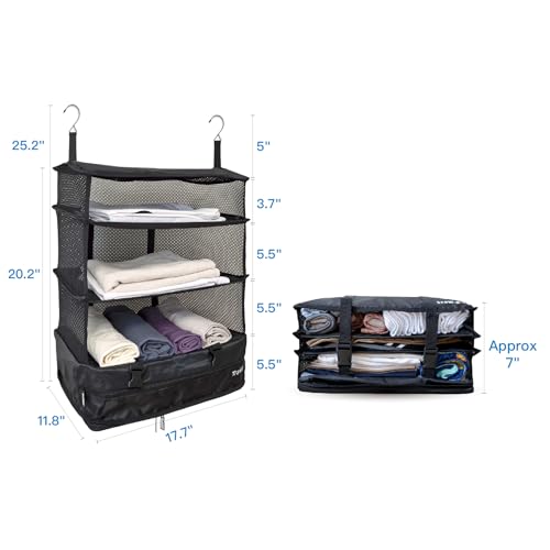 Grand Fusion Stow-N-Go Packing Organizer for Luggage, Portable Hanging Travel Shelves, Carry-On Closet, Hanging Packing Cubes, Collapsible Carry-On Organizer for Cruises & Hotels. Black - XL - color: Black, size: XL = (L) 17.7" x (W) 11.8"