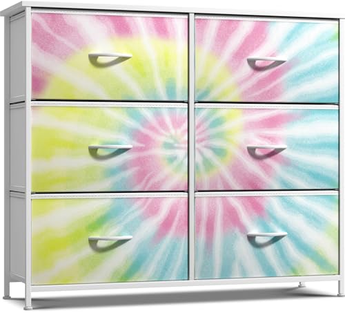 Sorbus Dresser with 6 Drawers - Furniture Storage Tower Unit for Bedroom, Hallway, Closet, Office Organization - Steel Frame, Wood Top, Easy Pull Fabric Bins (6-Drawer, Tie-Dye) - color: Light Tie-dye, style: 6-Drawer