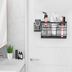 Hair Tool Organizer - Black Steel Wall Mounted Hair Dryer Holder with Removable Basket, 10.62"L x 4.33"W x 6.69"H, Ideal for Small Bathrooms - color: Black-plus