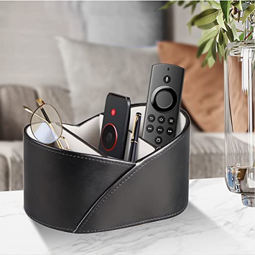 YAPISHI Leather Remote Control Holder for Table,TV Remotes Caddy 3 Grid Desk Organizer and Accessories Storage for Controllers/Stationery/Supplies, Modern Decorations for Living Room Nightstand Black - color: Black