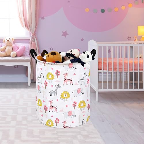 KUNRO Kids Laundry Hamper Clothes Gift Basket Storage Laundry Baskets Organizer Bin with Handles for Nursery Room (Pink Zoo) - color: Pink Zoo