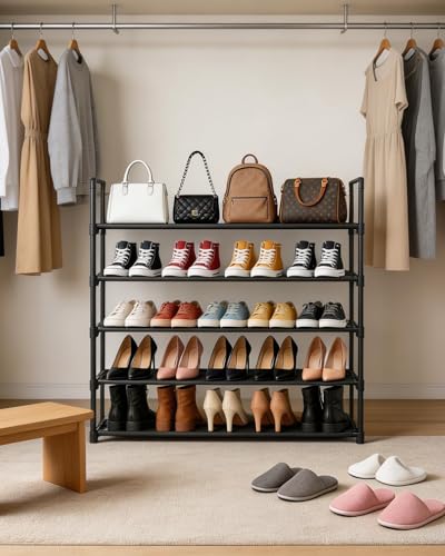 5 Tier Shoe Rack Large Capacity, 34.3" Wide Adjustable Shoe Organizer for 20-25 Pairs, Sturdy Non-Woven Shoe Rack Shelf Multi-Purpose Storage Unit for Closet, Hallway, Entryway,Garage,Black - size: 5-Tier(Black)-34.3"W