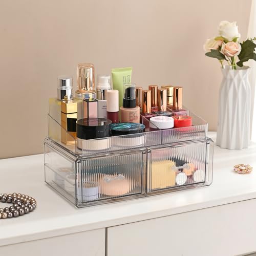 ZHIAI stackable storage drawer, cosmetic acrylic storage box, cosmetics and beauty product storage organizer, suitable for makeup room, bathroom, storage room - color: 2 short draws