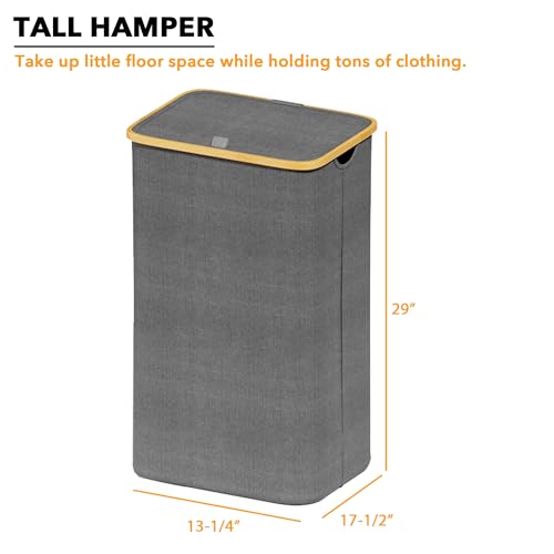 SpaceAid Laundry Hamper with Lid, 110L Large Tall Clothes Basket Bin with Bamboo Handles, Collapsible Laundry Hamper for Bedroom, Bathroom, Dorm, Laundry Room - Grey - color: Grey, size: 110 L