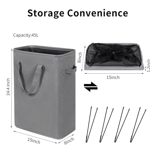 ZERO JET LAG Slim Laundry Hamper With Handles Collapsible Laundry Basket Thin Dirty Clothes Basket Narrow Laundry Bag Foldable Dirty Cloth Hamper 45L (24 inches,Grey) - color: Gray (With Handles)
