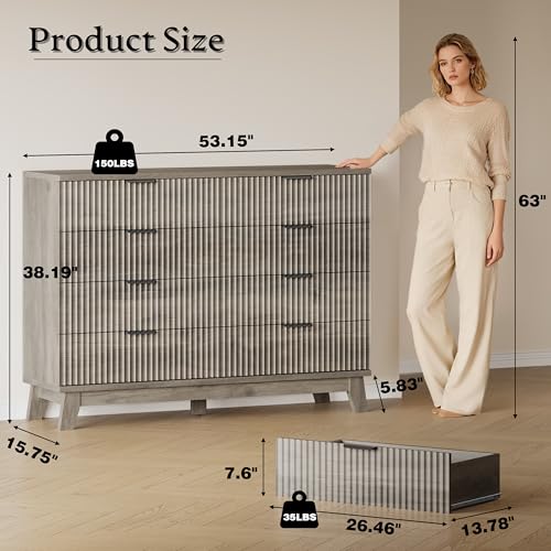 BORNOON 53" Tall Dresser for Bedroom, 8-Drawer Fluted Chest of Drawers, Modern Wood Highboy with Metal Slides and Handles, Anti-Tip Kit, Vertical Clothes Storage Organizer for Apartment, Closet - color: Rustic Drift, size: XL 8-Drawer