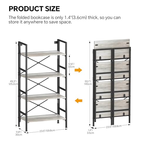 Homeiju Folding Bookshelf,4 Tier Bookcase Foldable Shelf with X-Bracket Design, Adjustable Feet, Space Saving Storage for Living Room, Office, Brownish - color: Brownish, size: 4 Tier