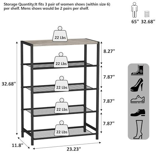 HOMEFORT 5 Tiers Shoe Rack Organizer,23" Shoe Storage Shelf for Closet, Shoe Rack for Entryway, Each Tier Fits 3 Pairs, Shoe Stand with Metal Shelves and MDF Top Board, Washed Gray - color: Washed Gray, size: 5-Tier (11.8"D x 23.23"W x 32.68"H)