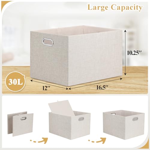Posprica Closet Storage Bins, 4 Pack Large Closet Shelf Organizers, Linen Fabric Decorative Storage Baskets for Organizing, Foldable Storage Box for Clothes, Toy, 16.5x12x10.25 Inch (Beige) - color: Beige, size: 16.5Lx12Wx10.25H