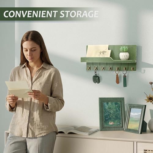 Farmhouse Pine Wood Key Holder Wall Mount - Key Holder for Wall with Floating Shelf Put Mail and Perfume - Rustic Key Hanger for Room Decor Aesthetic and Apartment Essentials (Green,15-inch) - color: Green, size: 15-inch
