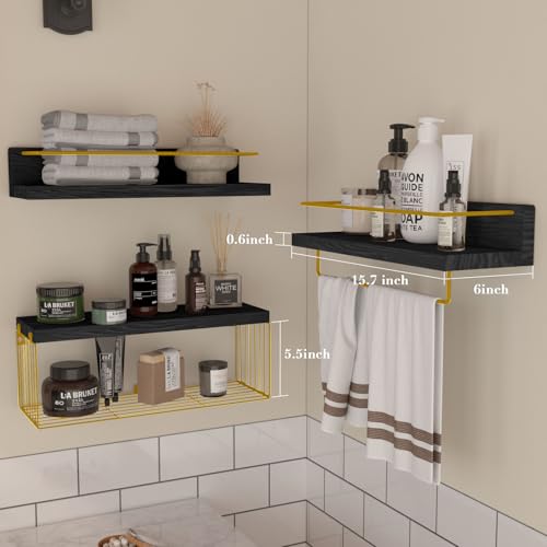 PopiShelves Bathroom Shelves Over Toilet for Wall, Floating Shelves with Storage Basket Paper Holer for Kitchen Living Room, Bedroom & Classroom, Set of 3 (Black and Gold) - color: Black and Gold, size: 15.7"