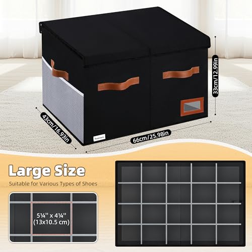 Supowin Shoe Organizer for Closet, Foldable Shoe Storage Bins with Lid & Adjustable Dividers, Fabric Shoe Box Storage Containers with Four Reinforced Handles, Fits 20 Pairs, 1 Pack, Black - color: Black, size: 26"L x 17"W x 13"H