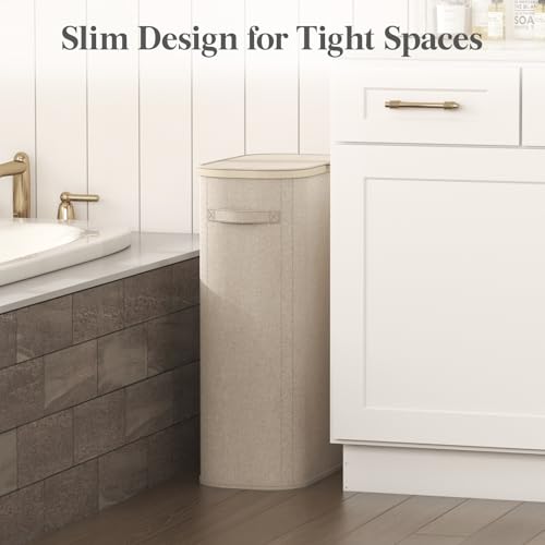 Lifewit Slim Laundry Basket with Lid, Narrow Laundry Hamper with Plastic Handles and Removable Bag, Tall Foldable Dirty Clothes Hampers for Laundry Room, Bedroom, Bathroom, Dorm, 65L Beige - color: Beige, size: 65L
