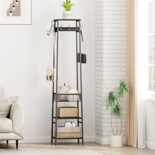 Coat Rack Freestanding, Coat Stand with Metal Basket and Storage Shelves, Hall Tree Free Standing With and 7 Hooks, Clothes Rack Stand Organizer, Black - color: Black, style: 2 Shelves + 1 Basket