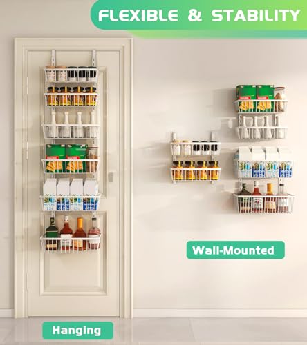 Mefirt 12 Inch Wide Narrow Over The Door Pantry Organizer, Pantry Organization and Storage, 6-Tier Metal Hanging Deep Basket Wall Spice Rack Seasoning Shelves, Home & Kitchen Essentials, White - color: White, size: 6-Tier (12"W)