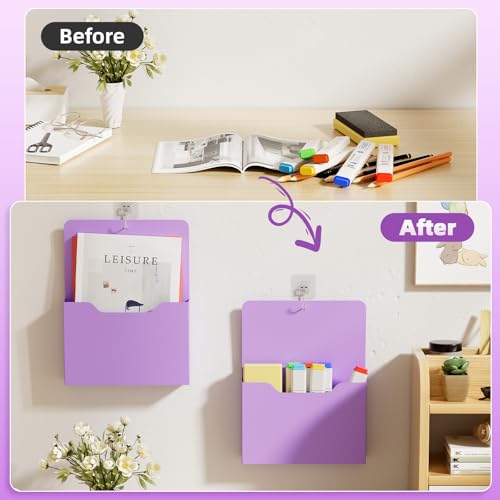Marbrasse 2 Pack Magnetic File Holder - Paper Holder, Pocket Organizer,Hanging Wall File Organizer Office Supplies Storage, Magazine Mail Organizer Case for Notebooks,Planners,Letter (Purple) - color: Purple Holder-2L
