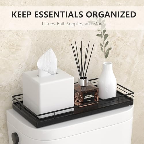Toilet Paper Basket Organizer – Oak Wood Toilet Tank Tray with Metal Frame, Bathroom Counter Top Storage for Toilet Paper, Wipes & Decor, Modern Narrow Back of Tank Shelf Organizer, Black - color: Black, size: 13" x 6.5" x 2"