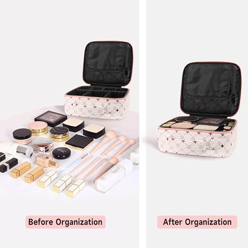 M Y U R E N Travel Makeup Bag,Waterproof Cosmetic Organizer, Adjustable Dividers,Portability Cosmetic Train Case,Makeup organizer,Gift for Women,Girls Gift (Beige+Pink) - color: Beige+Pink