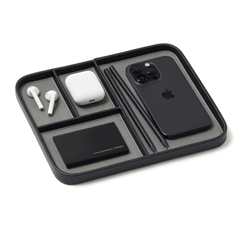 Nordik Leather Valet Tray - Pebble Black - 9.5 x 7.9 Inch Medium Vegan Leather Tray - Stylish Nightstand Organizer for Men - Modern Bedside Caddy - EDC Catchall for Key Watch Wallet Jewellery - color: Pebble Black, size: 9.5in x 7.9in