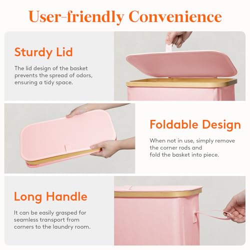 Lifewit 65L Slim Laundry Hamper with Lid, Narrow Laundry Basket with Removable Bag & Bamboo Handles, Fodable Thin Dirty Clothes Hamper for Laundry Collapsible Bin for Bathroom Bedroom Dorm, Pink - color: Pink, size: 65L