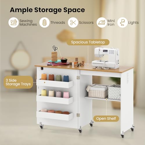 Giantex Folding Sewing Table with Charging Station, Rolling Craft Table with Storage Trays & Shelf, Foldable Sewing Machine Cabinet Desk with Lockable Wheels for Small Spaces (White & Natural) - color: White & Natural