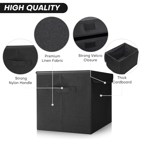 Bagnizer Large 22 Quart Linen Fabric Foldable Storage Bin Cube Organizer Basket with Flip-Top Lid & Handles, Clothes Blanket Box for Home, Office, Closet, Black, 4 Pack 14.6 x 9.5 x 9.5” - color: Black, size: Medium - 4 Pack