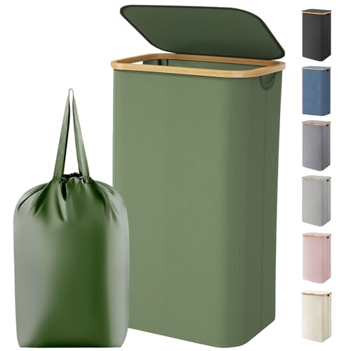 Lifewit 100L Laundry Basket with Lid, Clothes Hampers for Laundry with Bamboo Handles and 1 Removable Bag, Large Foldable Laundry Hamper for Bedroom, Bathroom, Dorm, Laundry Room, Green - color: Green, size: 100L