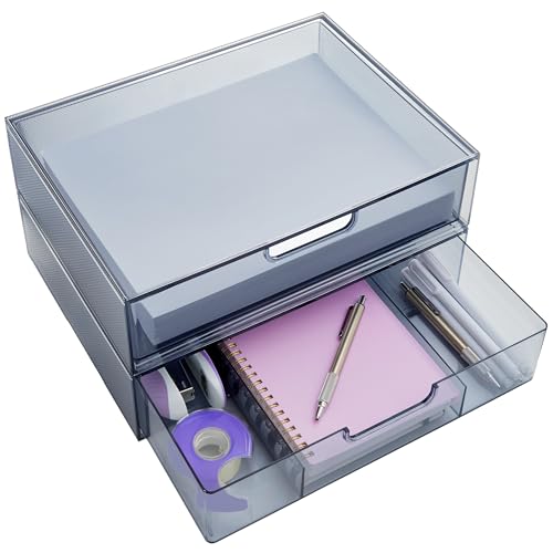 STORi STAX Plastic Stackable Organizer Drawers (Set of 2) Classic Grey | 12.5" Wide | Set Includes One Open Drawer & One Divided Drawer | Organize Office Desk Accessories & Sort Paper | Made in USA - color: Grey, size: Open/Divided 2pk