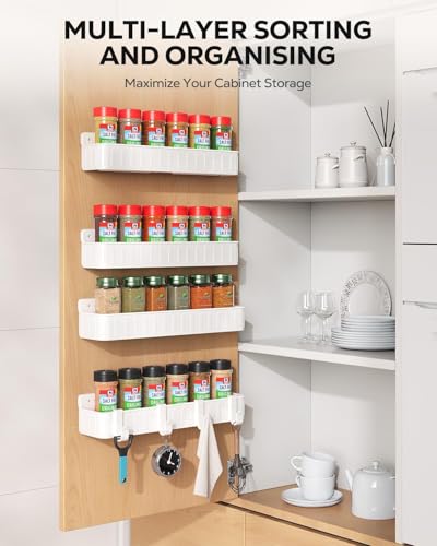 Nieifi Spice Rack Wall Mount, Spice Organizer for Spice Jars, Screw or Adhesive Hanging Organizer for Kitchen Cabinet or Pantry Door, 4 Pack, White, ABS Plastic - color: White