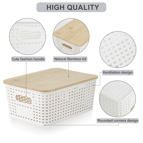 Bagnizer Small Plastic Storage Bins with Bamboo Lids 5.2qt Stackable Box Basket Pantry Decorative Containers Cute with Labels for Organizing Desktop Closet Office Cream White of 6 packs 10*7.2*4.1" - color: Cream White, size: Small- 6 Pack