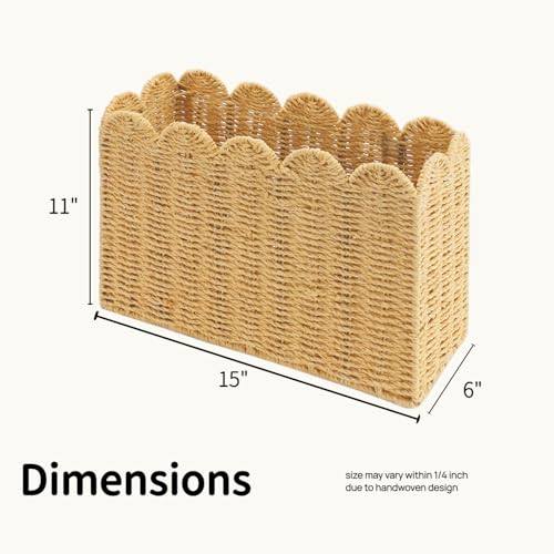 Paper Rope Magazine Holder for Floor, Wicker Magazine Basket, Tall Narrow Book Basket & File Holder for Books, Mail, Newspapers & Papers, Scalloped Storage Basket for Living Room, Office, Bedroom - color: Khaki(Paper Rope)