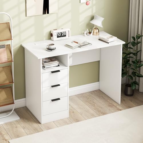 Giantex White Desk with Drawers, Modern Computer Desk with Charging Station, PC Laptop Table Computer Workstation with Storage, Makeup Vanity Table, Writing Desk for Bedroom