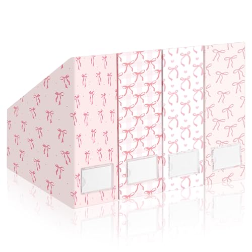 AmazingSpark Set of 4 Pink Bow Magazine File Holder Decorative Foldable Cardboard Magazine Storage Boxes with Acrylic Label Holders Coquettish Boho Organizer for Office Home Organization Storage - style: Pink Bow