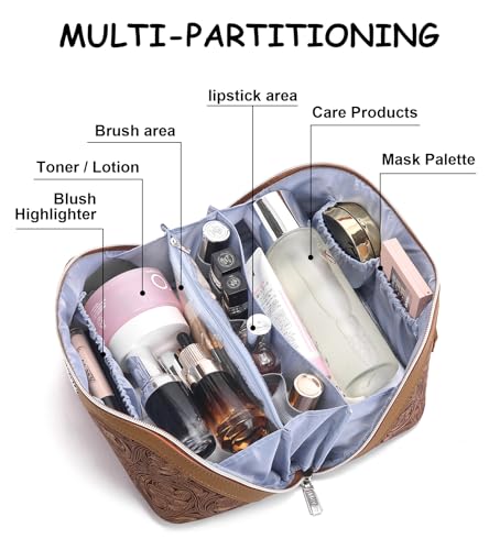 BOYATU Travel Makeup Bags Cosmetic Organizer Bag: 3 Pcs Set Large Capacity Floral Make up Bag with Compartments - Waterproof Leather Toiletry Bags with Handle for Women (19-Brown) - color: 19-Brown