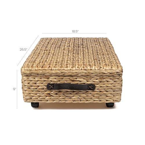 happimess BSK1006A 26.38" Chett Minimalist Hand-Woven Hyacinth/Wood Underbed Storage Bin with Wheels and Handles for Storage and Decoration in Bathroom, Bedroom, Closet, Entryway, Guest Room, Natural - color: Natural