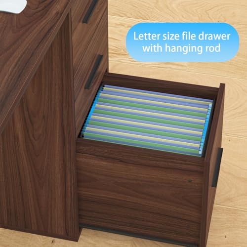 HSH Large L Shaped Executive Desk with Drawers, Home Office Metal Wood Computer Desk for Work Writing Study Gaming, Rustic L-Shaped Walnut Desk Table with File Drawer, Storage Cabinet Shelves, 59 in - color: Walnut
