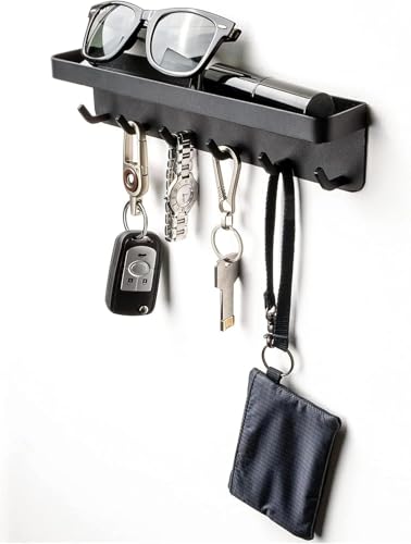 Key Holder for Wall Mount and Adhesive 6 Key Hooks with Shelf Metal Mail Organizer with Key Hooks Decorative Key Rack with Tray Sunglasses Holder Wall for Door Entryway Hallway and Office Small Black