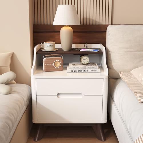 Night Stand with Charging Station, 21" Nightstand with Drawer/Open Shelves, Modern Nightstand w/2 Storage Drawers for Bedroom, Wood Bed Side Table End Table Bedside Table for Dorm, Home Office, White - color: White, size: 15.8"D x 17.7"W x 21.7"H (2 Drawe