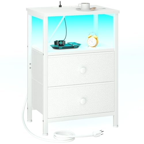 LOAKEKEL LED Night Stand with Charging Station, Small Bedside Table with USB Ports & Outlets, 2 Fabric Storage Drawers with PU Finish for Bedroom, White, HETS02WT-1 - color: White, style: Two-drawer