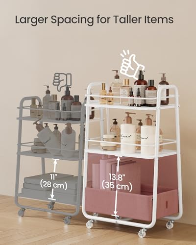 VASAGLE LILEA Collection - Storage Cart with Fabric Basket, 3-Tier Rolling Utility Cart with Wheels and Shelves, for Living Room Bedroom Kitchen, Cloud White and Camel Brown ULRC001WB01 - color: Cloud White + Camel Brown, style: 16.9"D x 11.8"W x 31.9"H