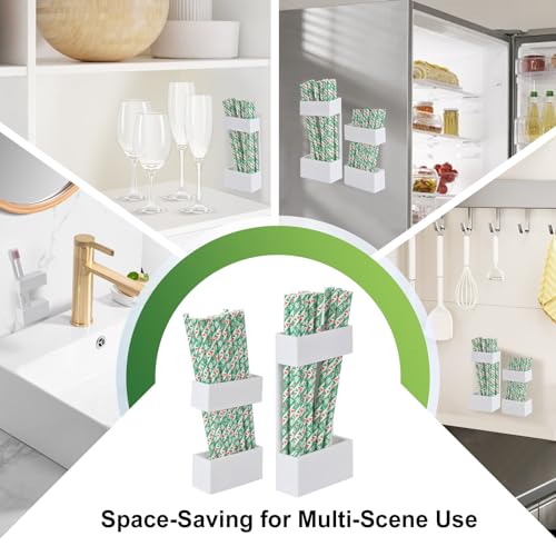 2 PACK Acrylic Straw Holder for Cabinet Doors, Reusable Straw Organizer with Ultra-Sticky Adhesive, Small Kitchen Accessories Container, Fits Both Short & Long Straws (White) - color: White
