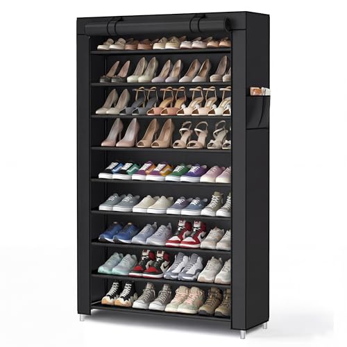 SONGMICS HOME Shoe Rack 10-Tier, Tall Narrow Metal Shoe Organizer with Dust Cover, 11.2 x 33.3 x 63.2 Inches, Vertical Storage Cabinet for Closet Entryway, Black - color: Black, size: 10 Tiers (33.3"W)