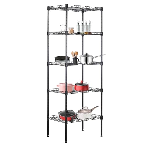 BestOffice | 5-Tier Wire Storage Shelves | 17x12x48 | Black | with Adjustable Racks | Heavy-Duty Metal Shelf, Holds Upto 750 lbs | No-Tool Assembly | Ideal for Home & Garage Shelving - color: Black, size: 17"D x 12"W x 48"H